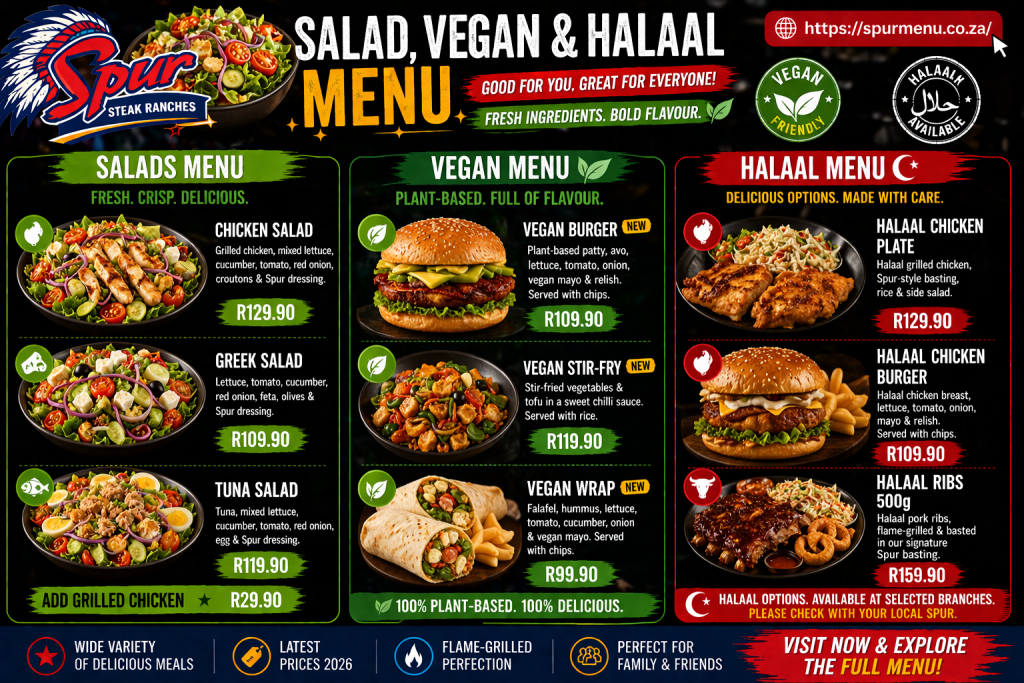 Spur Salad, Vegan, and Halaal Menu